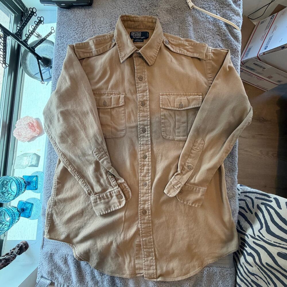 Polo Ralph Lauren Vintage Military Style Shirt 100% Cotton Khaki Mens Medium - Picture 9 of 10
